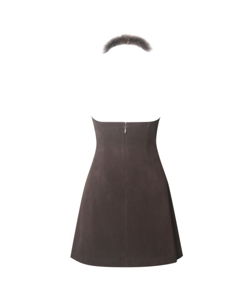 Women's Yael Espresso Suede Faux Fur Halter Mini Dress