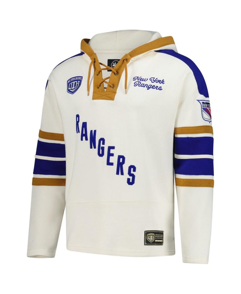 47 Brand Men's Mark Messier Cream New York Rangers Blue Line Heritage Name & Number Lace-Up Pullover Hoodie
