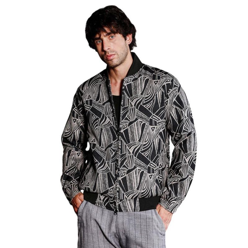 Men's Midnight Black Stroke-Jacquard Bomber Jacket