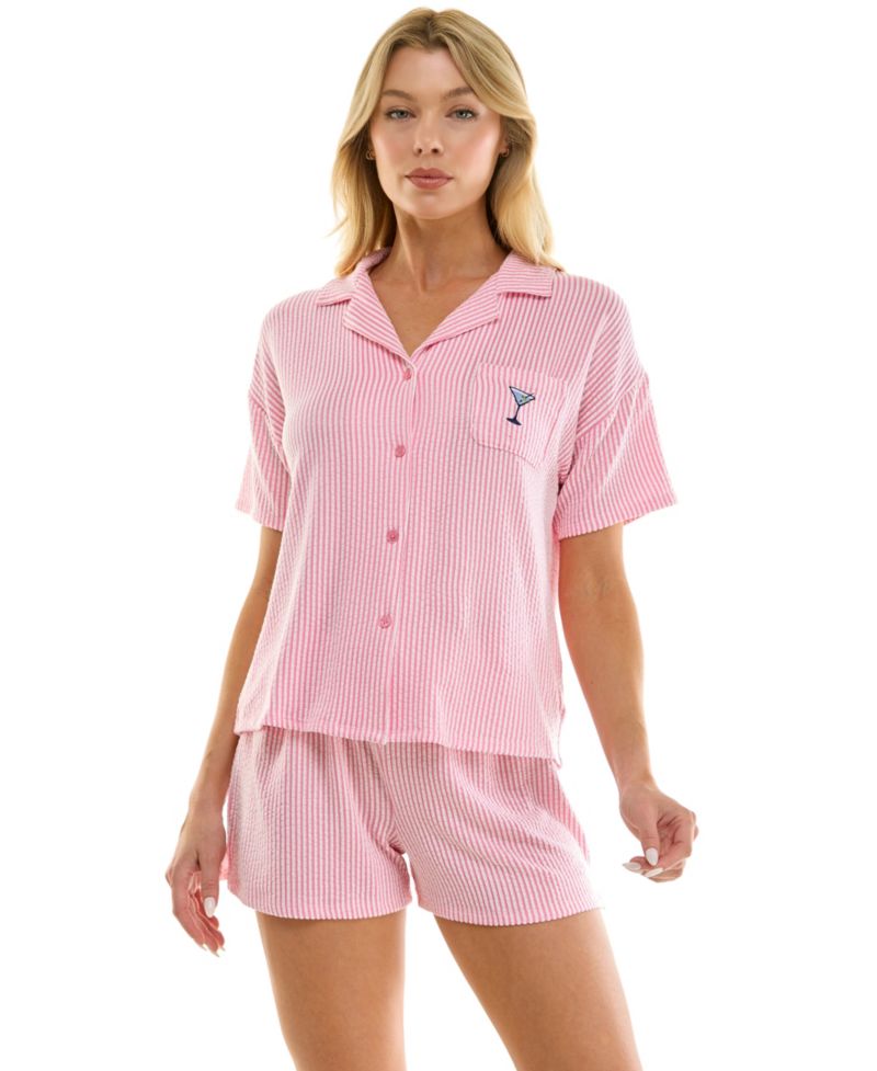 Women's Knit Seersucker Notch Collar Top and Shorts, 2-Piece Set