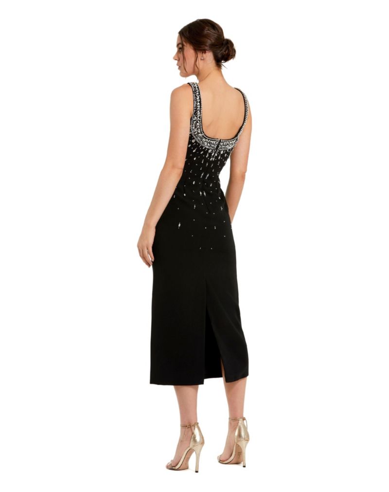 Women's Beaded Crepe Scoop Neck Sleeveless Midi Dress