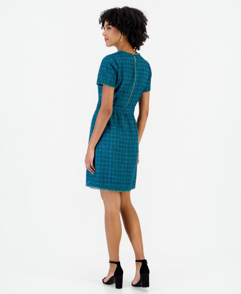 Women's Plaid Short-Sleeve Belted Dress