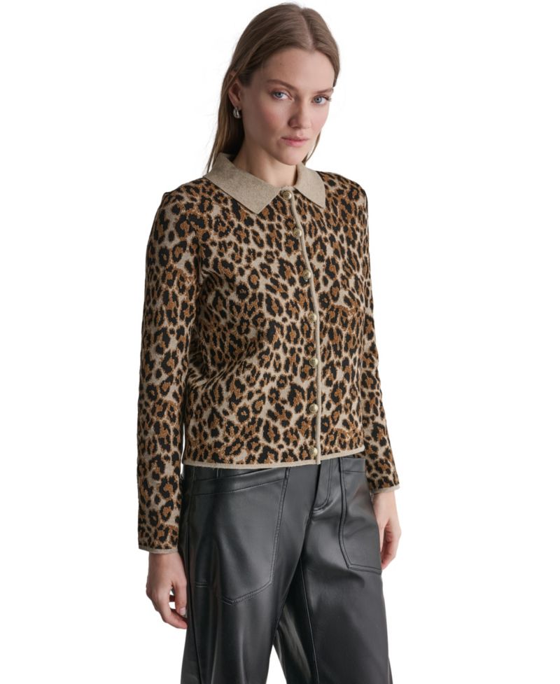 Women's Leopard-Print Button-Front Fitted Cardigan