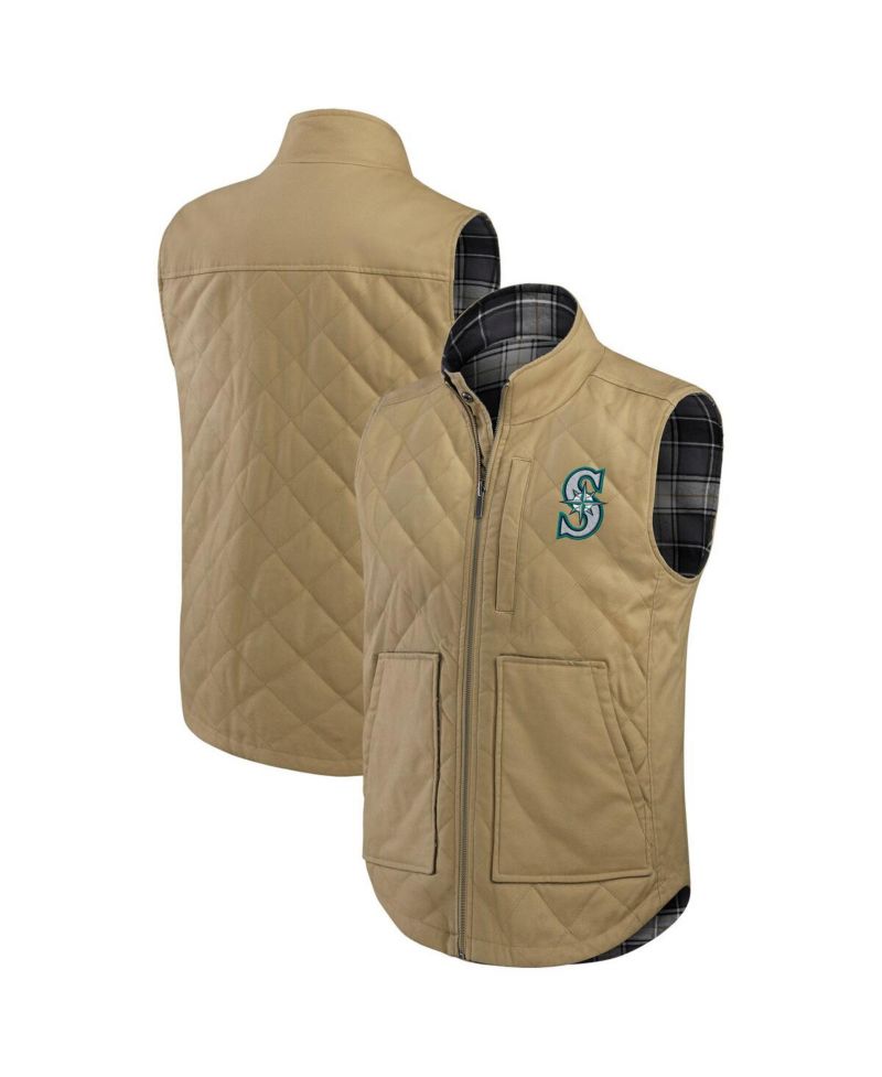 Darius Rucker Collection by Men's Tan/Charcoal Seattle Mariners Reversible Canvas Plaid Patch Full-Zip Vest