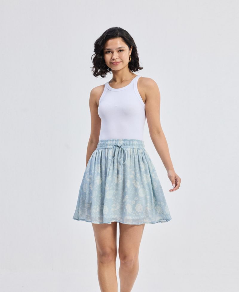 Women's Drawstring Short Skirt in Blue Florals
