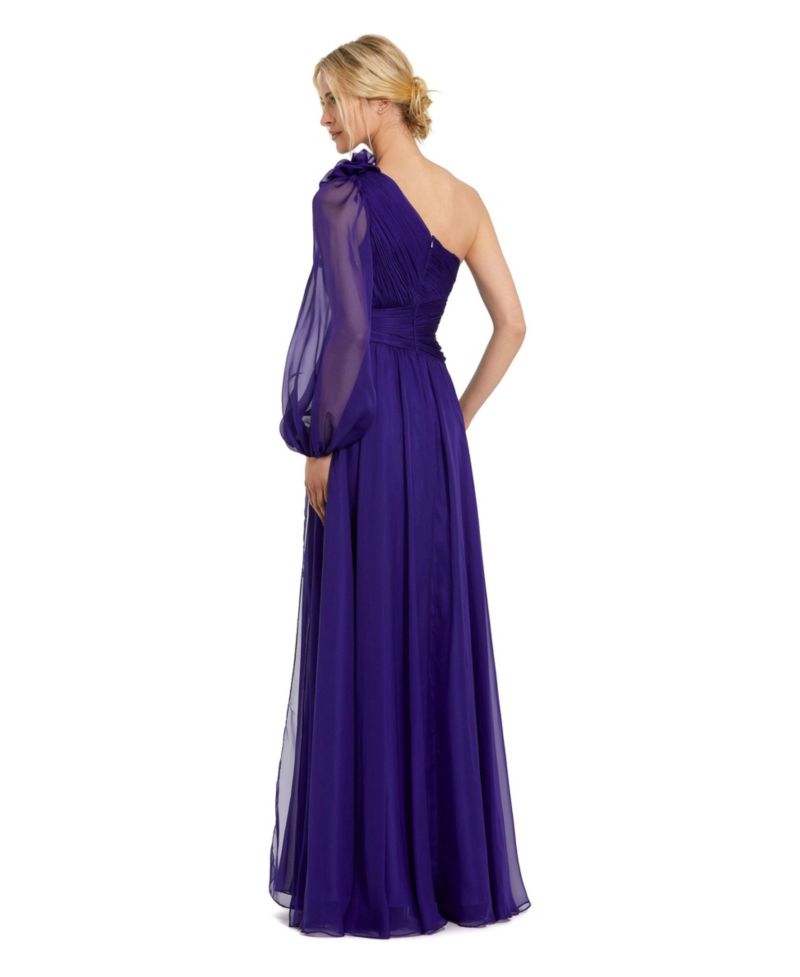Women's One Sleeve Ruched Chiffon Gown With 3D Flower