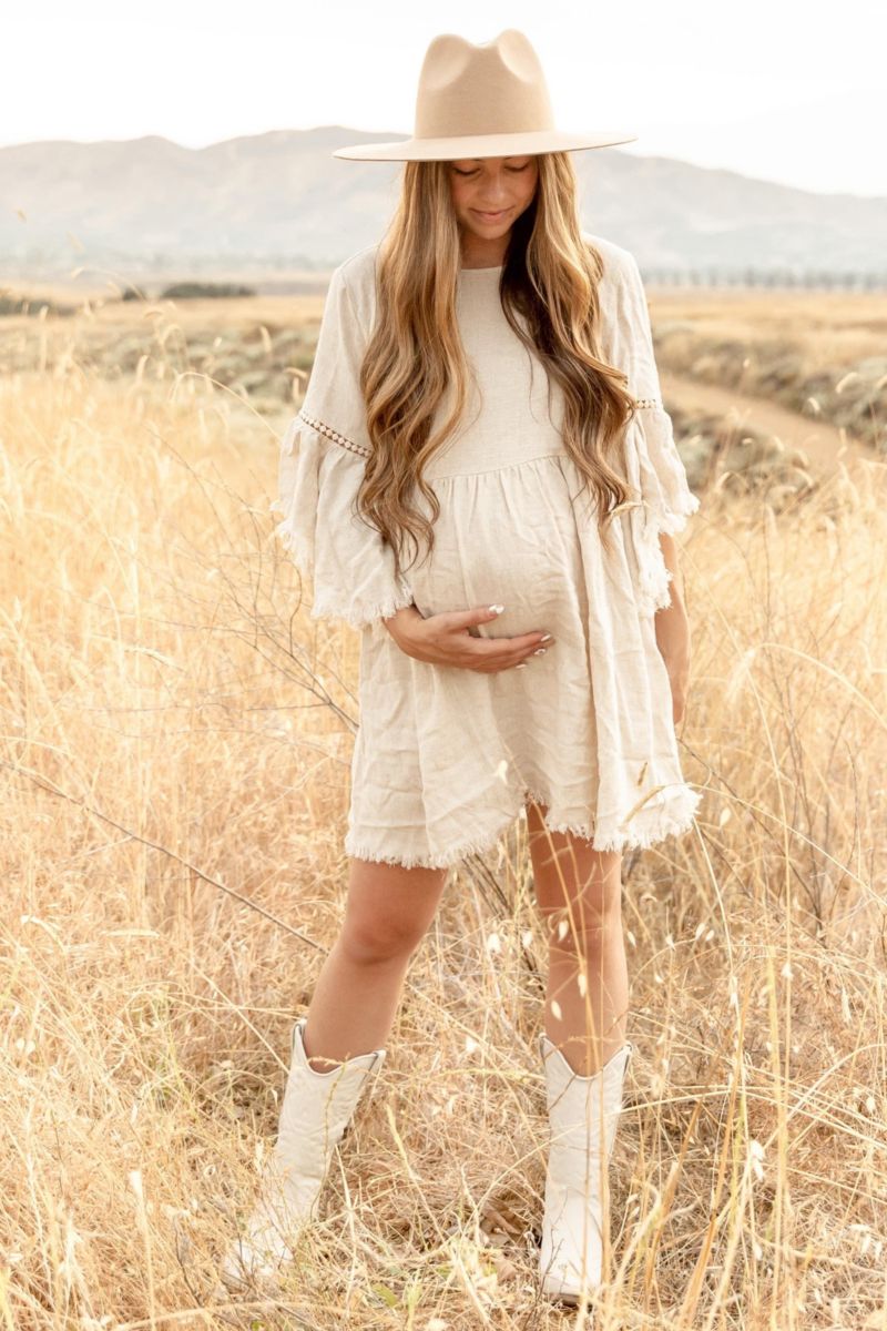 Women's Beige Raw Edge Bell Sleeve Babydoll Dress