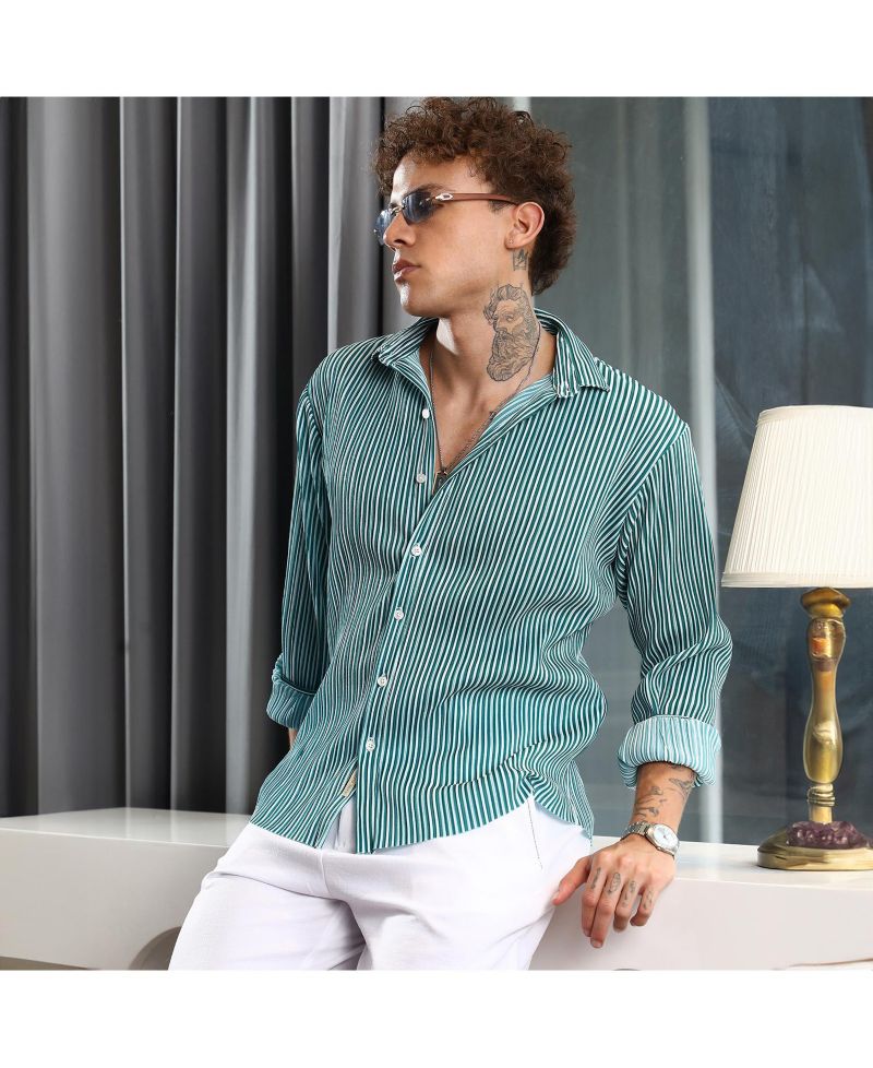 Men's Forest Green & Powder White Pleat-Creased Shirt