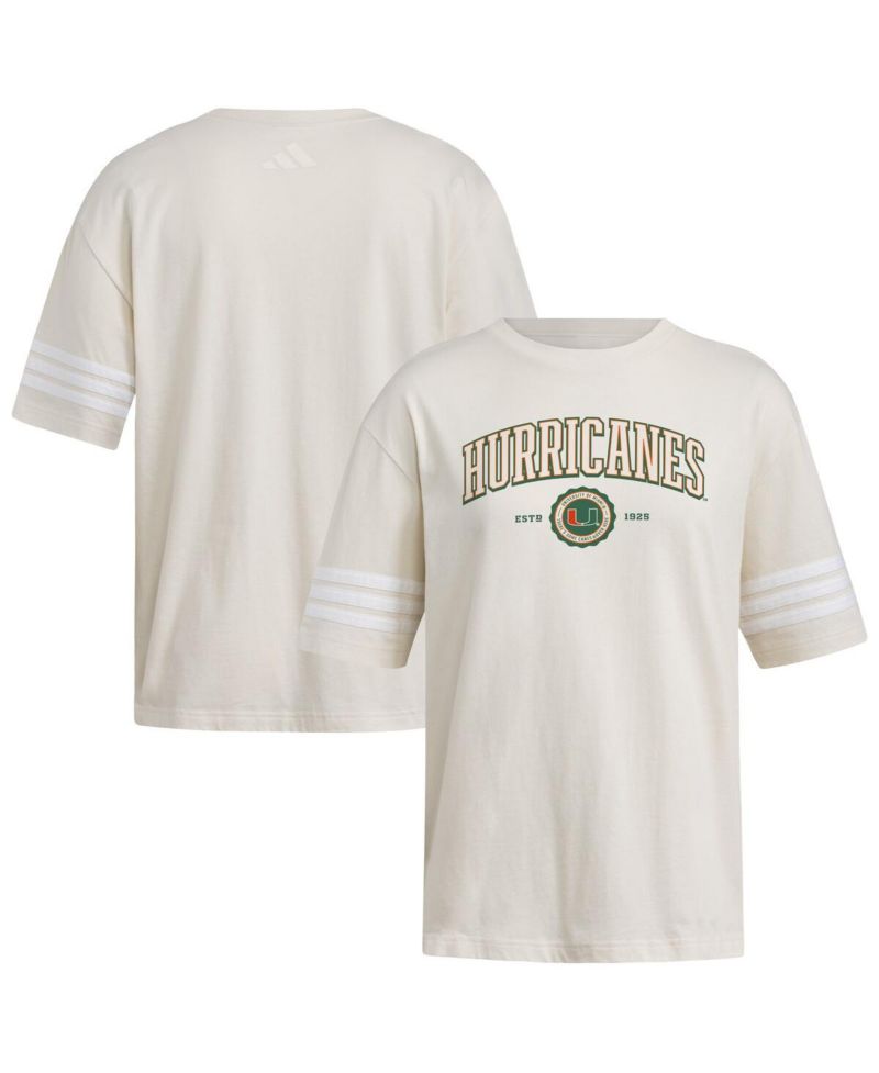 Women's Cream Miami Hurricanes Fashion Three-Stripes Oversized T-Shirt