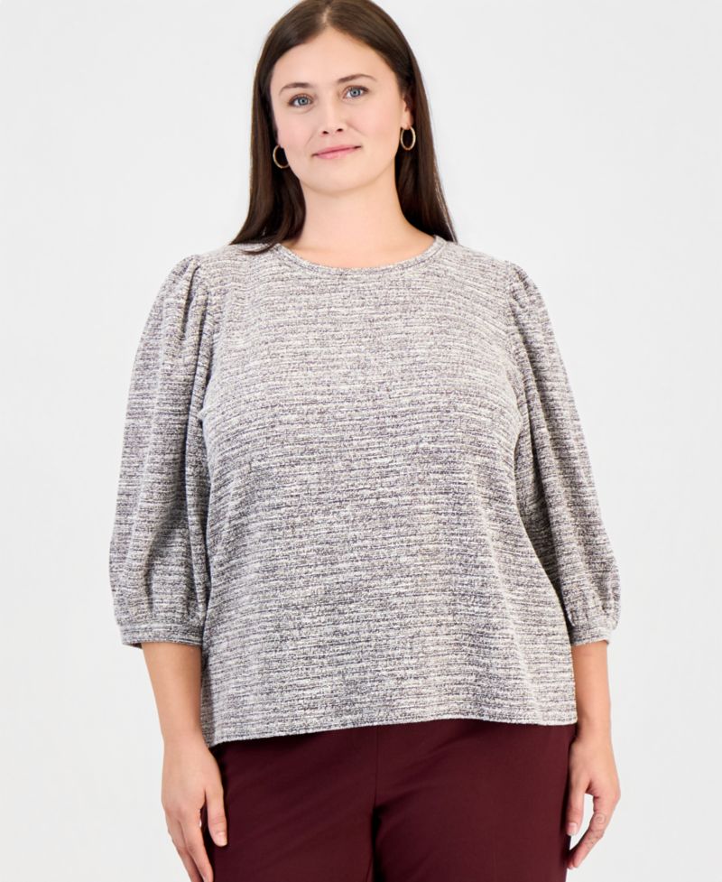 Plus Size Crew Neck 3/4-Length Balloon Sleeves Textured Knit Sweater