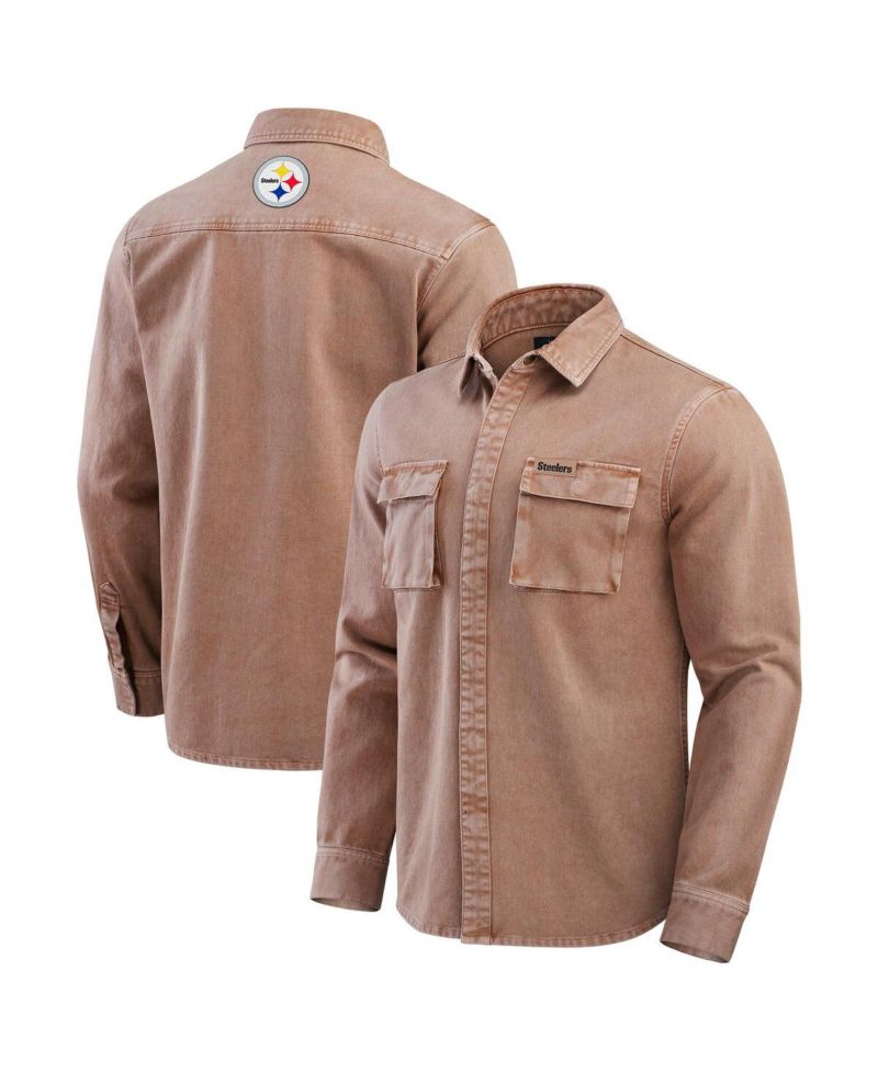 Men's Brown Pittsburgh Steelers Garment Dyed Long Sleeve Full Snap Shirt