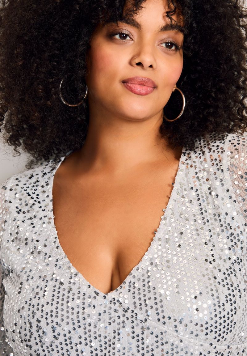 Women's Plus Size Faux Wrap Sequin Top