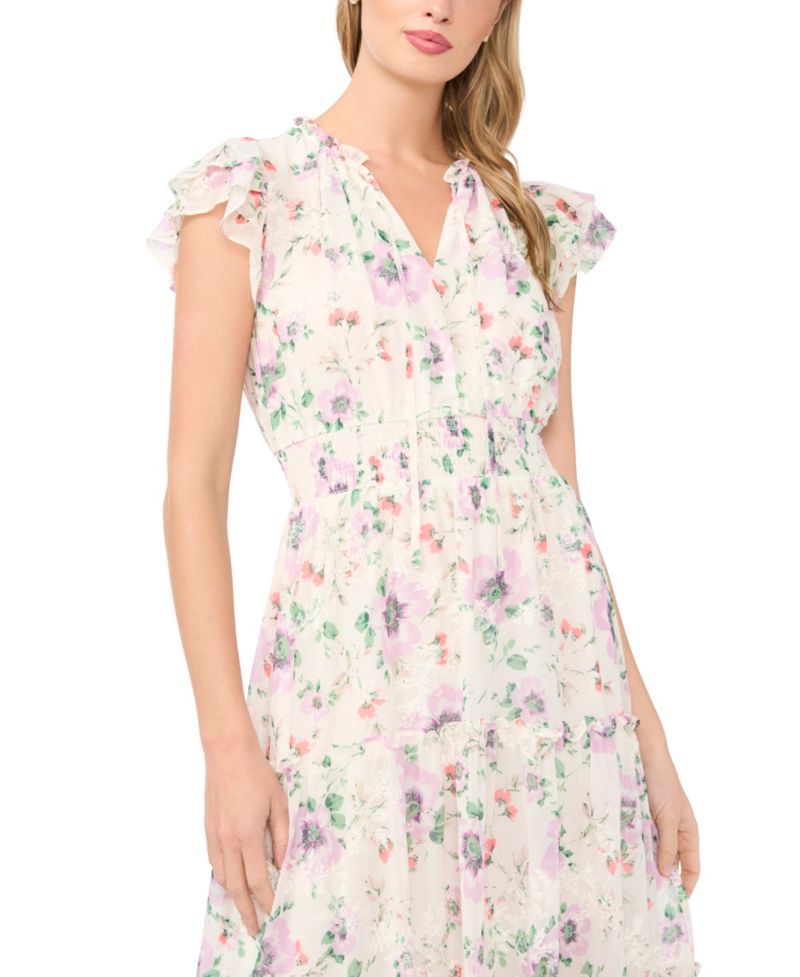 Women's Flutter-Sleeve Smocked Waist Split-Tie Neck Tiered Midi Dress