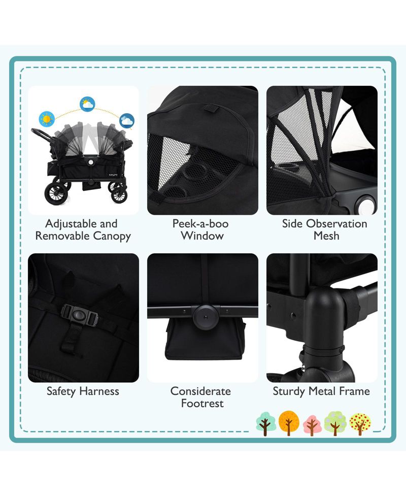 Wagon Stroller for 2 Kids Push Pull Double Stroller w/ Adjustable Handle