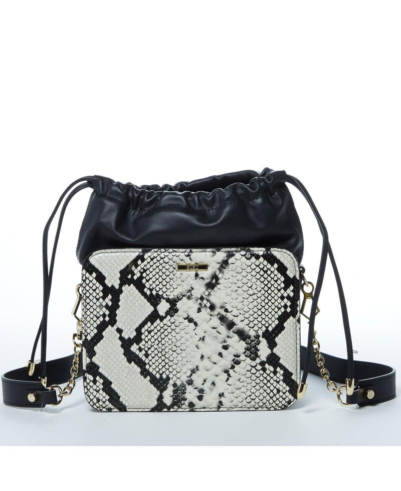 Black Leather Bucket Bag Medium Size Purse with Snakeskin Print and Drawstring Design for Women