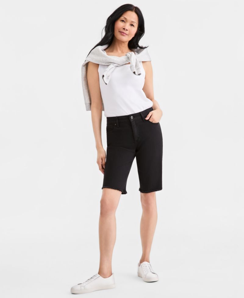 Women's Mid-Rise Raw-Edge Bermuda Jean Shorts