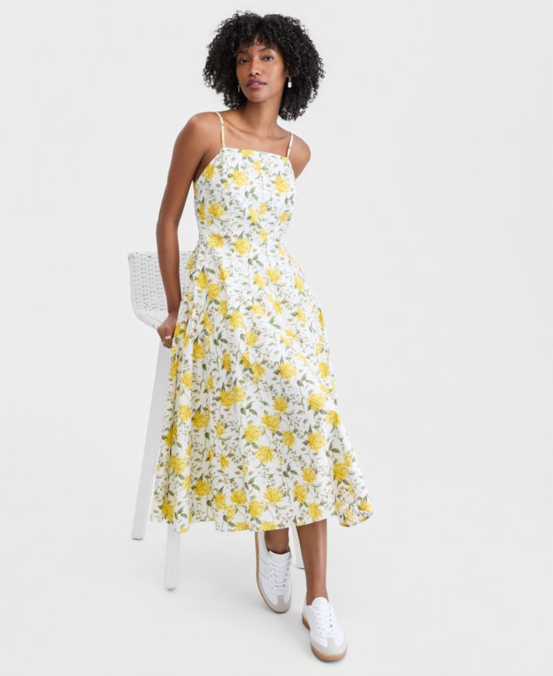 Women's Square-Neck Seamed Fit & Flare Midi Dress