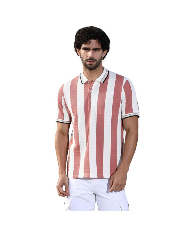 Men's Nude Pink and Cream White Awning-Striped Polo T-Shirt