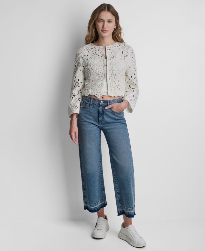 Women's Long-Sleeve Floral Crochet Crewneck Cardigan With Scallop Hem
