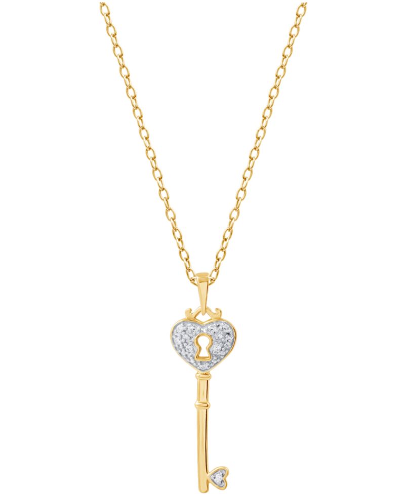 Diamond Heart Lock Key Pendant Necklace in 18k Gold over Sterling Silver(1/10 ct. t.w.)