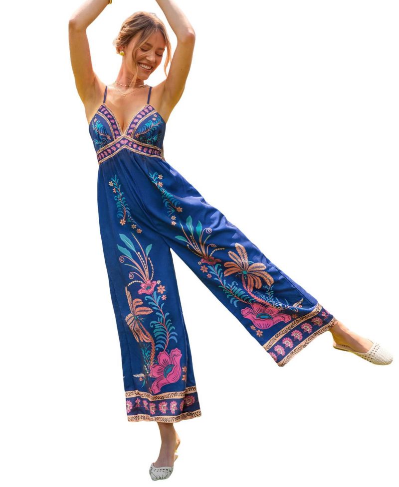 Women's Spaghetti Strap V-Neck Floral-Print Wide-Leg Jumpsuit