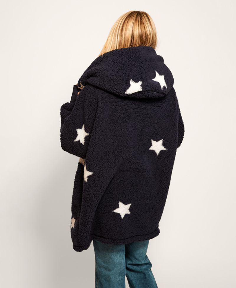 Patterned Hooded Sherpa Button Front Lounger Jacket