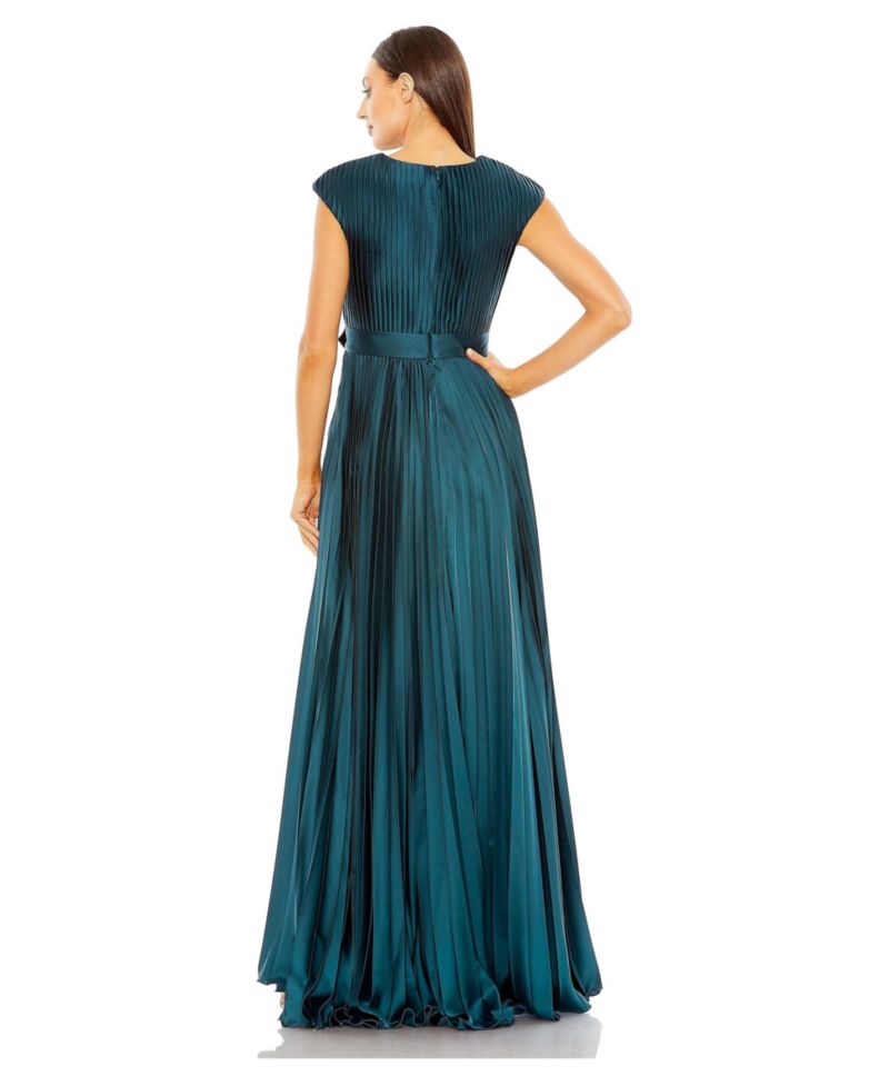 Women's Pleated Plunge Neck Belted A Line Gown
