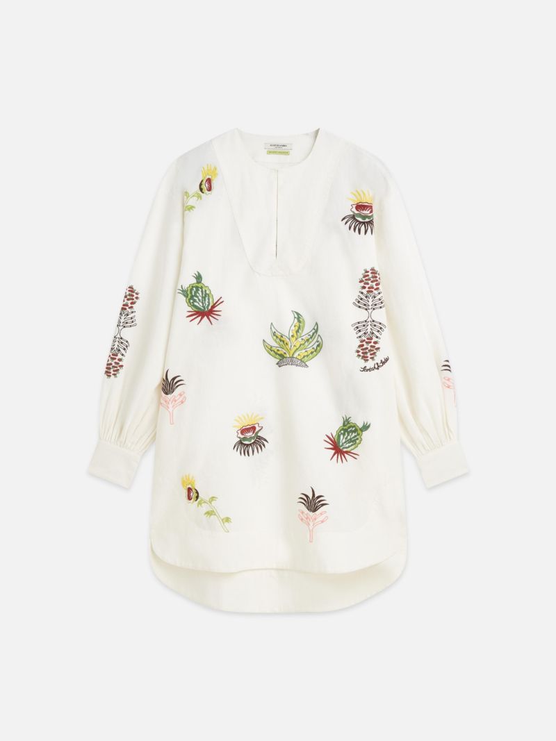 Women's Embroidered Long Sleeve Cotton and Linen Shift Dress