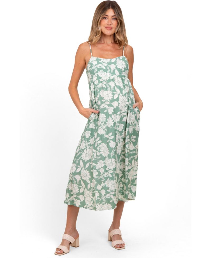 Women's Light Olive Floral Sleeveless Midi Dress
