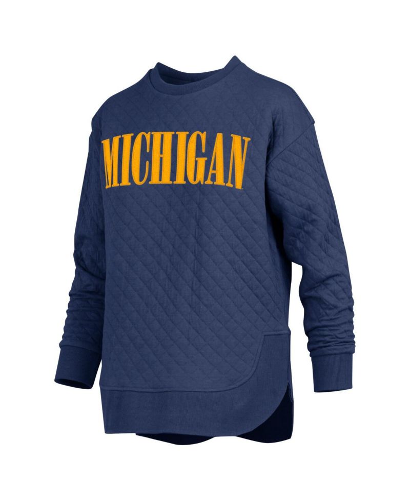 Women's Navy Michigan Wolverines Quilted Long Sleeve Pullover Sweatshirt