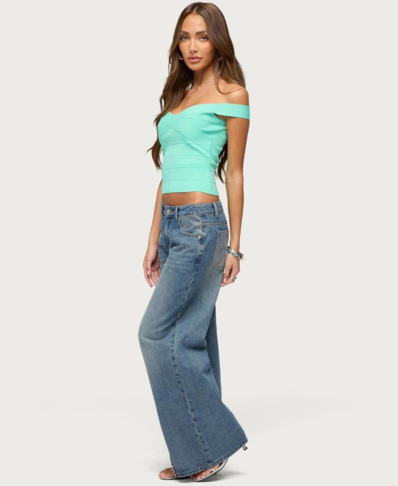 Women's Low-Rise Wide-Leg Rhinestone Jeans, 32" Inseam