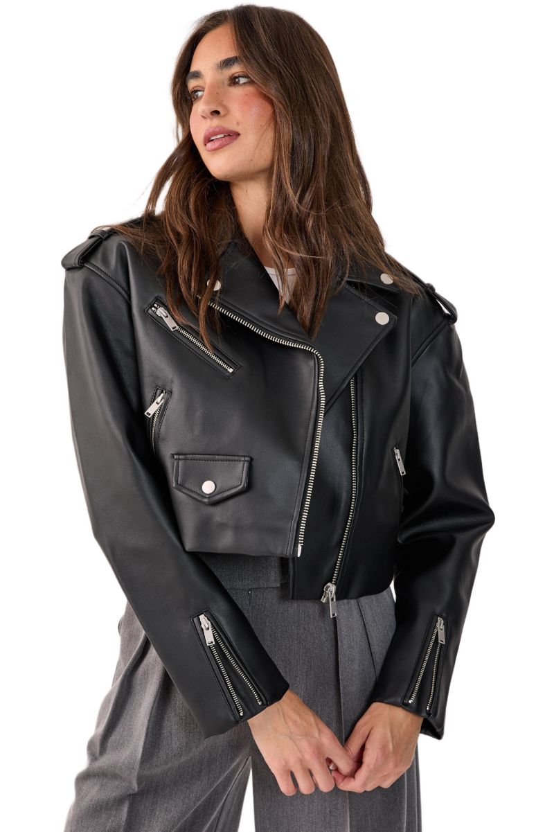 Women's Faux Leather Boxy Biker Jacket