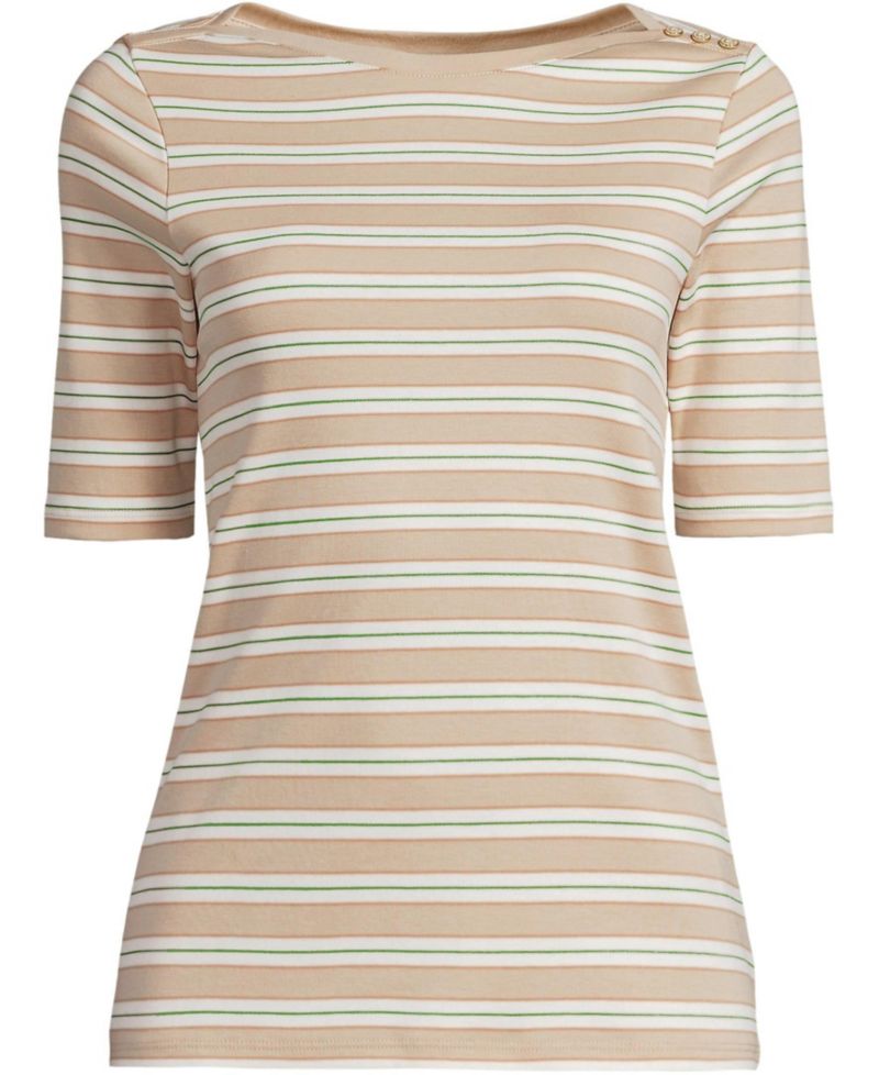 Plus Size Supima Cotton Elbow Sleeve Boatneck Button Shoulder Tee
