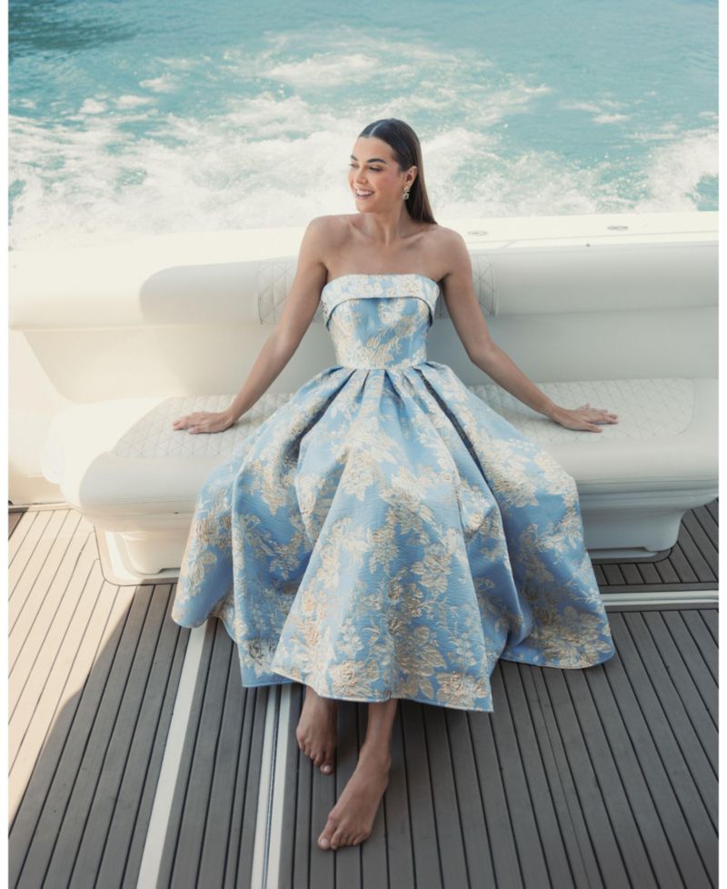 Petite Strapless Brocade Midi Dress with Pockets