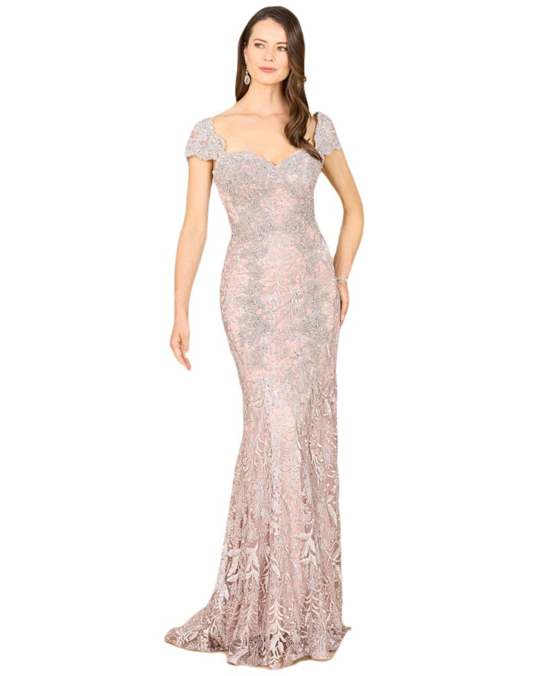 Women's Long Bell Sleeve V-Neck Beaded Gown