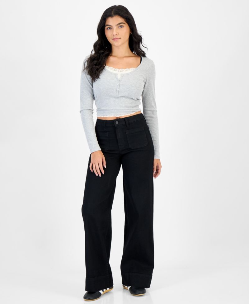 Juniors' High-Rise Patch-Pocket Wide-Leg Jeans