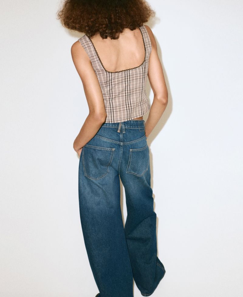 Women's Plaid Square Neck Cropped Cotton-Blend Top