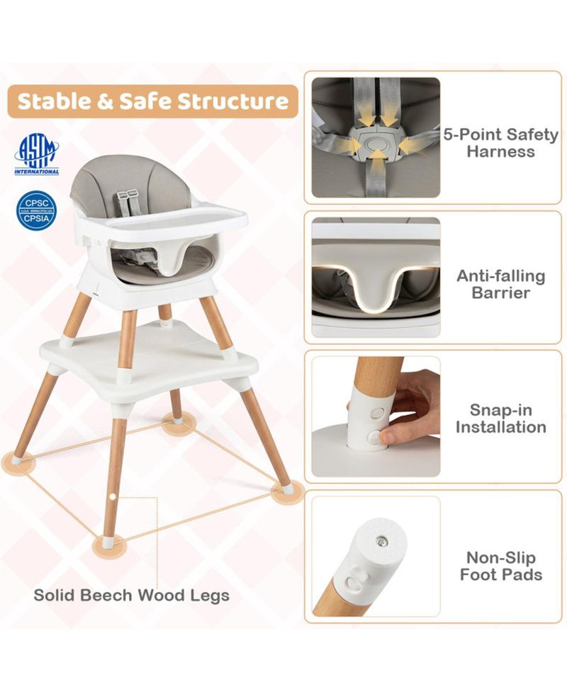 Convertible Wipe Clean Wooden Beech Legs High Chair