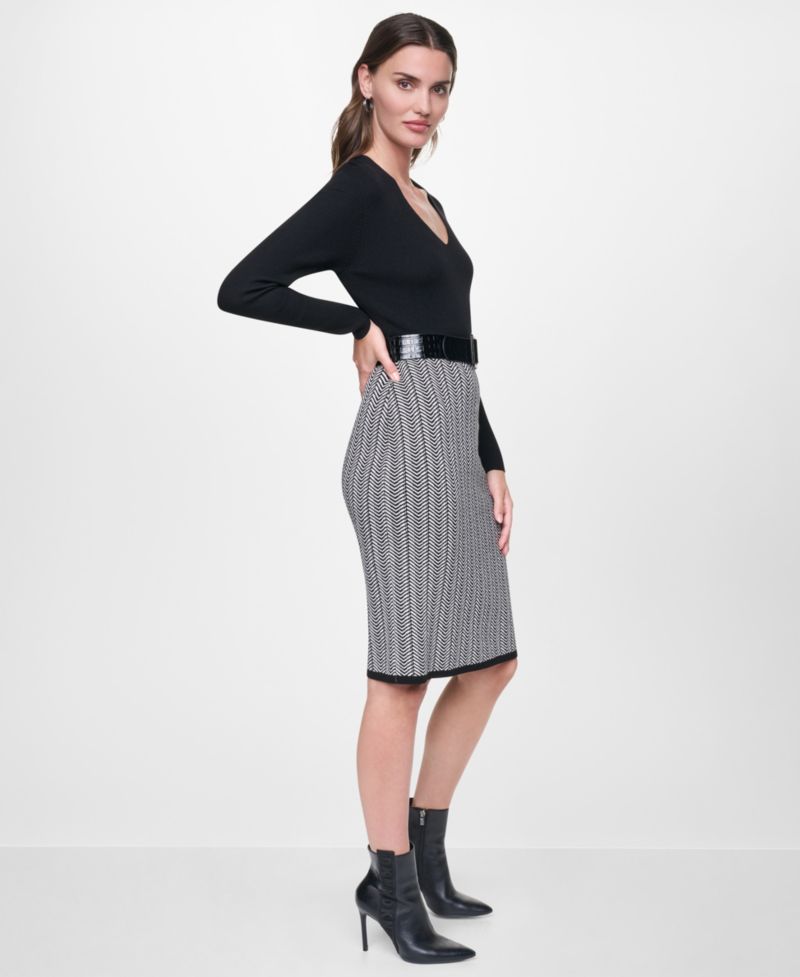 Women's Herringbone Rib V-Neck Long-Sleeve Sweater Dress