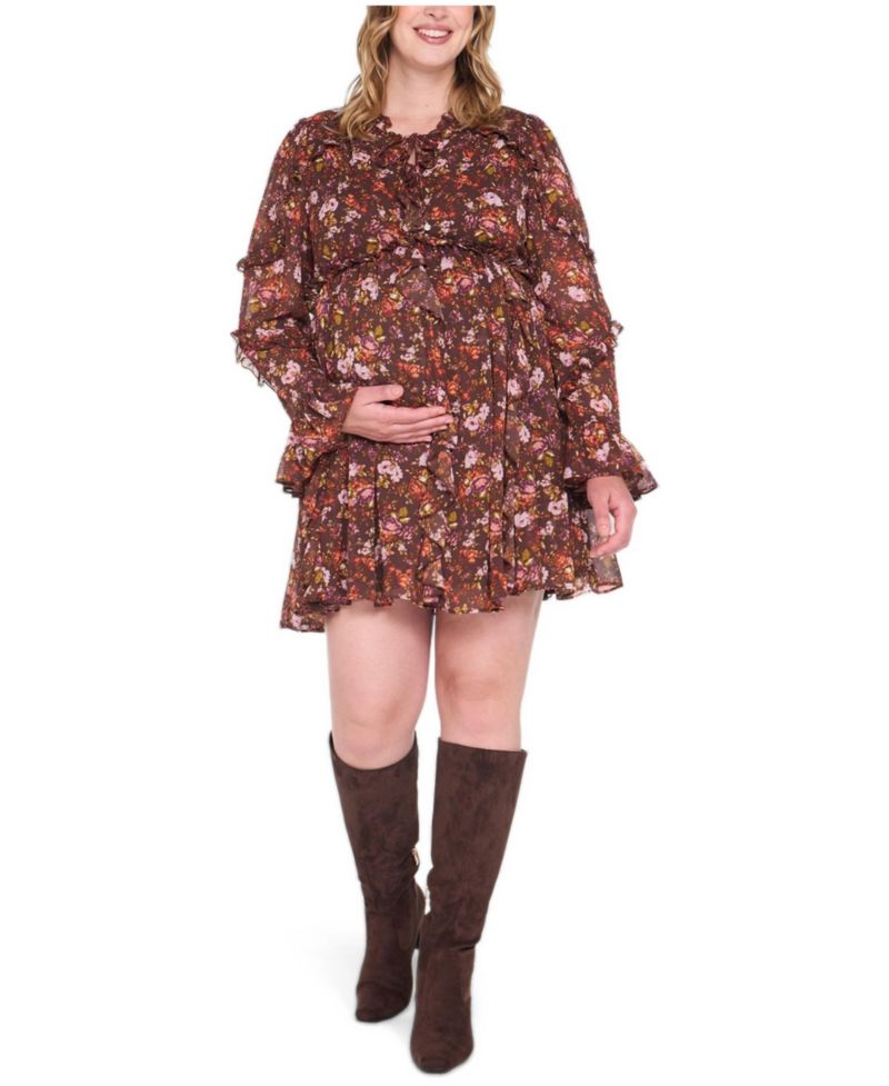 Maternity Empire-Waist Tiered-Ruffle Floral-Print Dress