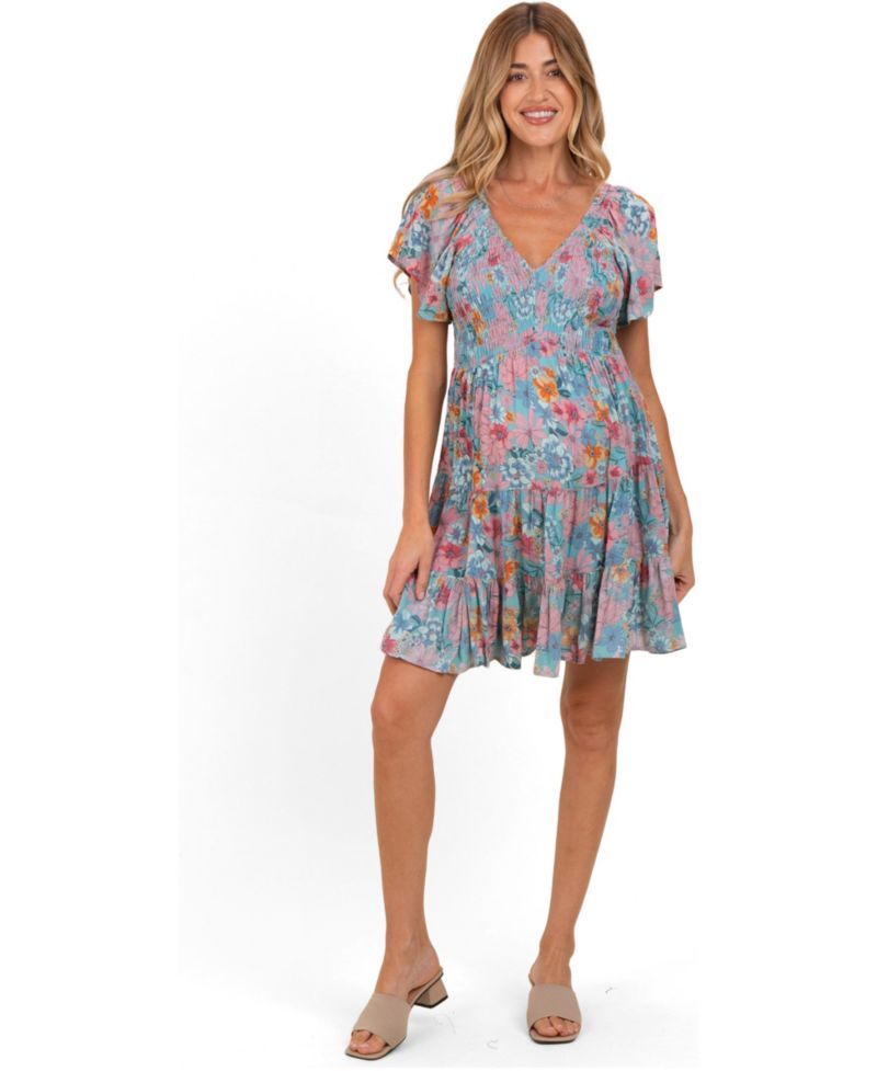 Women's Teal V Neck Smocked Bust Short Sleeve Short Dress