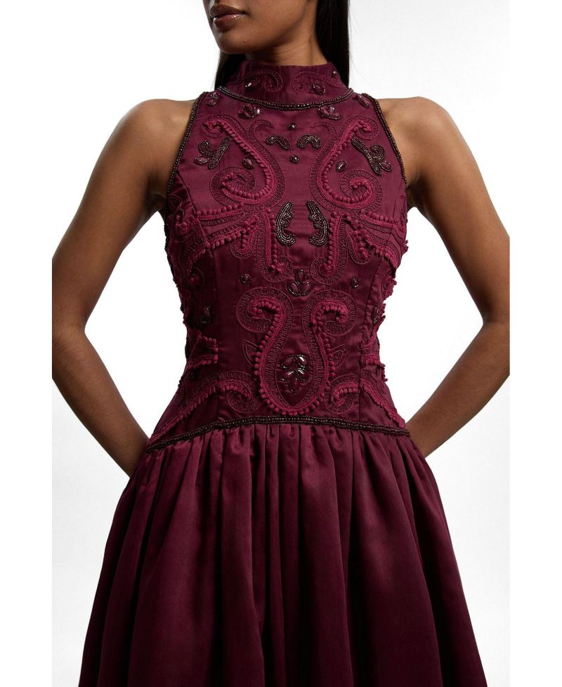 Taffeta High Neck Fit and Flare Dress