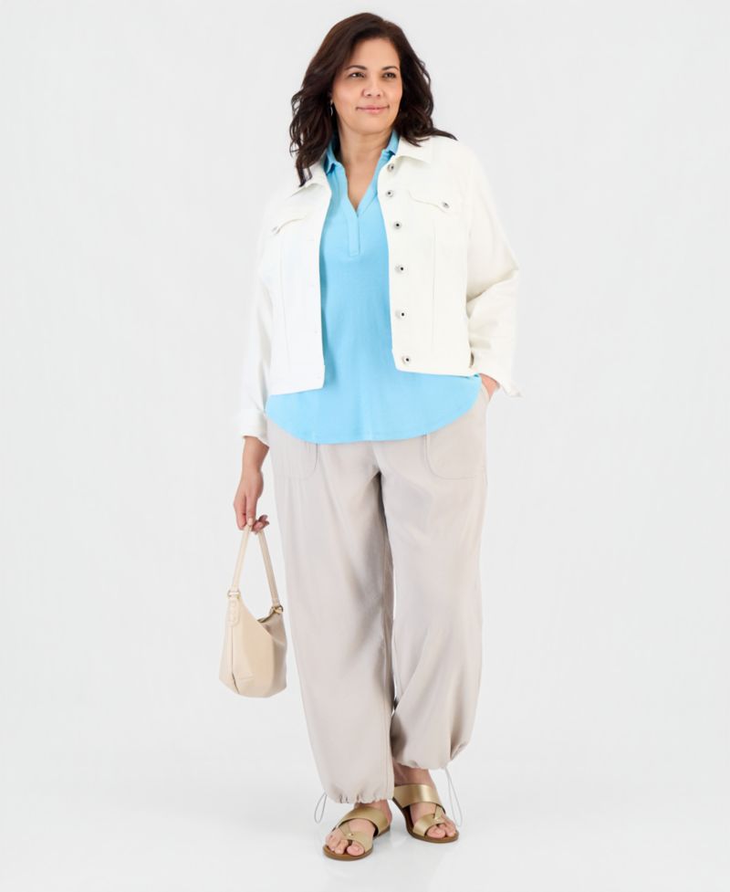 Plus Size Cotton Johnny-Collar Sleeveless Top