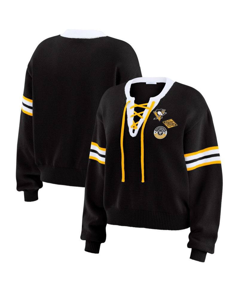Women's Black Pittsburgh Penguins Cropped Lace-Up Sweater