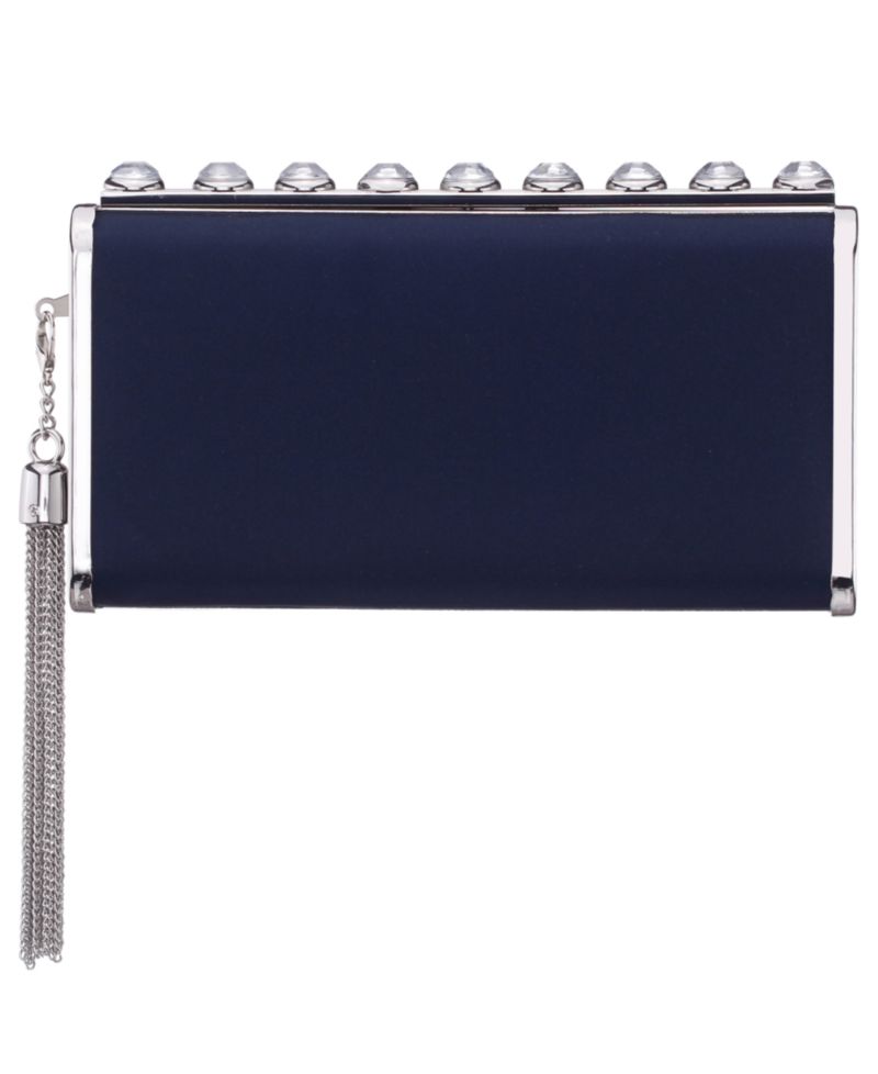 Crystal Ornamented Minaudiere Tassel Lift Lock Clutch