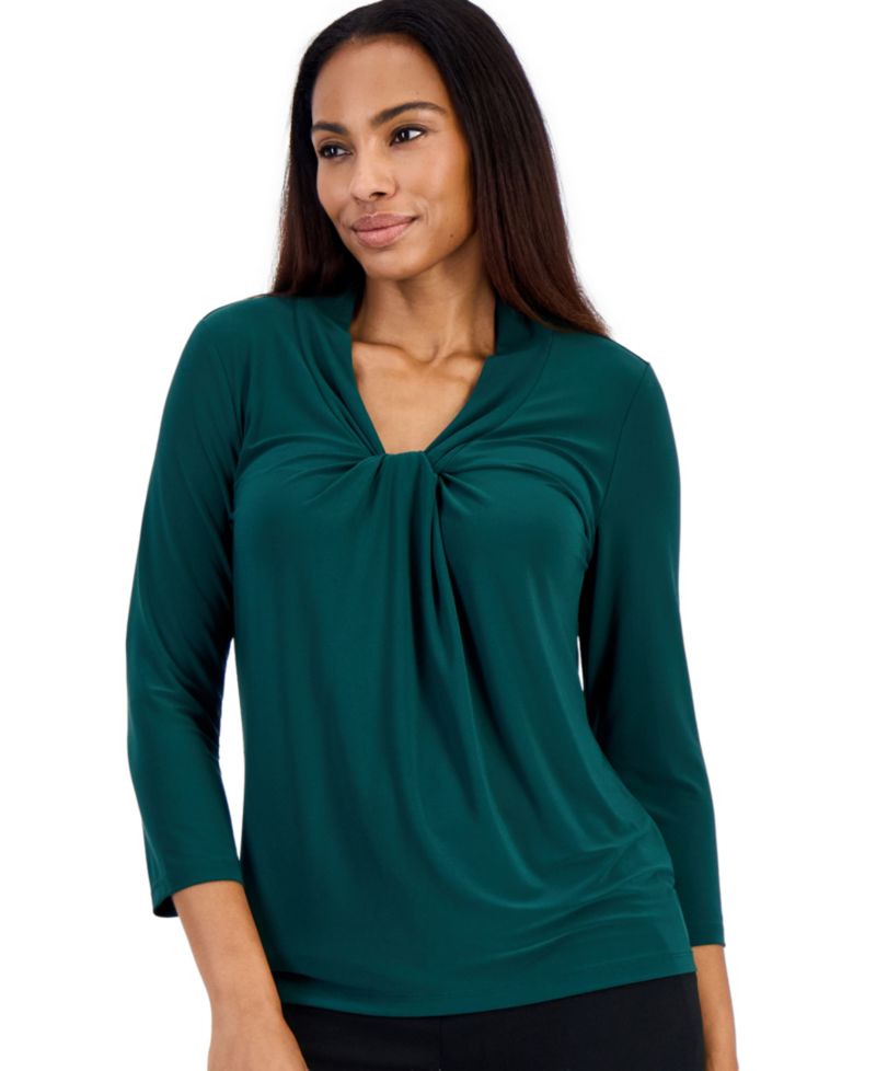 Petite Knot-Front 3/4-Sleeve Blouse