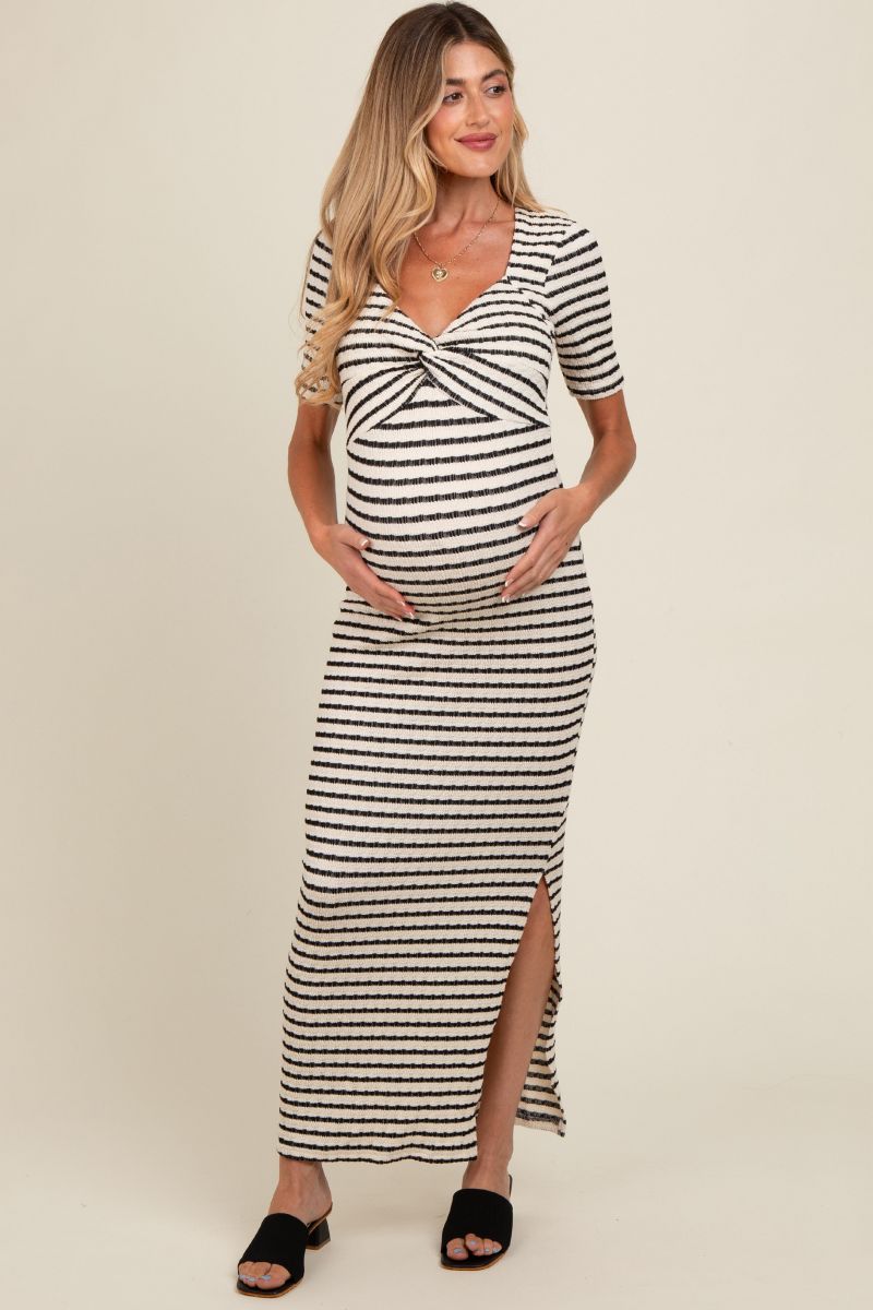 Women's Ivory Black Striped Knit Short Sleeve Maxi Dress