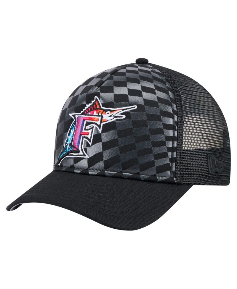Men's Black Florida Marlins Cooperstown Collection Gradient 9FORTY A-Frame M-Crown Trucker Adjustable Hat