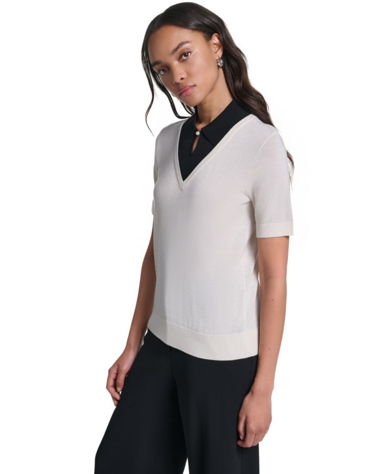Women's Merino Wool-Blend Short-Sleeve V-Neck Sweater