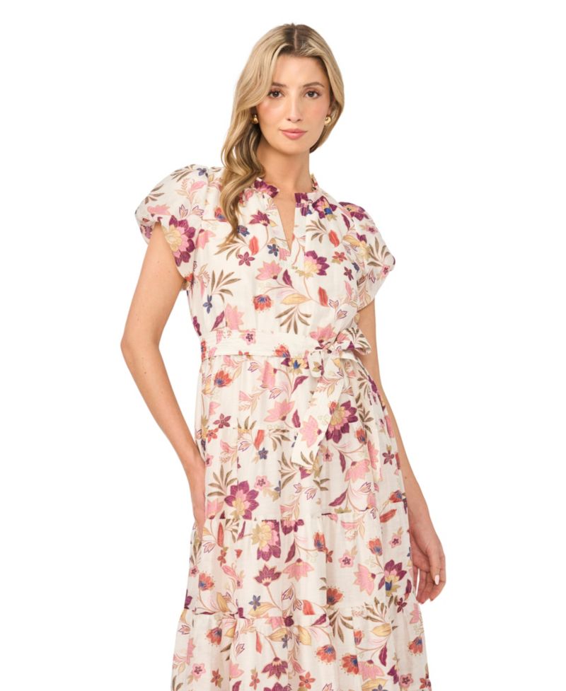 Women's V-Neck Puff-Sleeve Midi Dress
